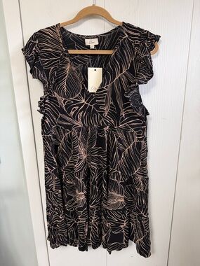 Elan Black Midi Dress with Blush Leaf Outline